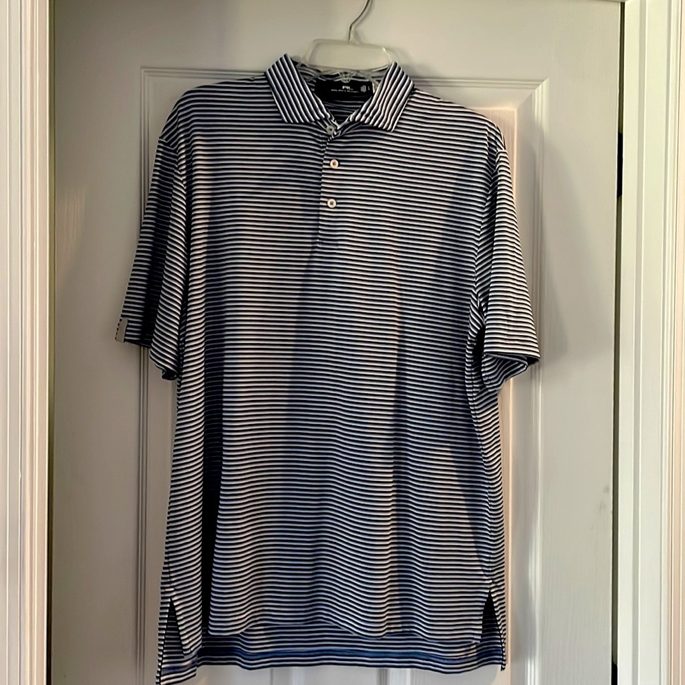 RALPH LAUREN RXL Mens L Blue Striped Golf Polo Performance